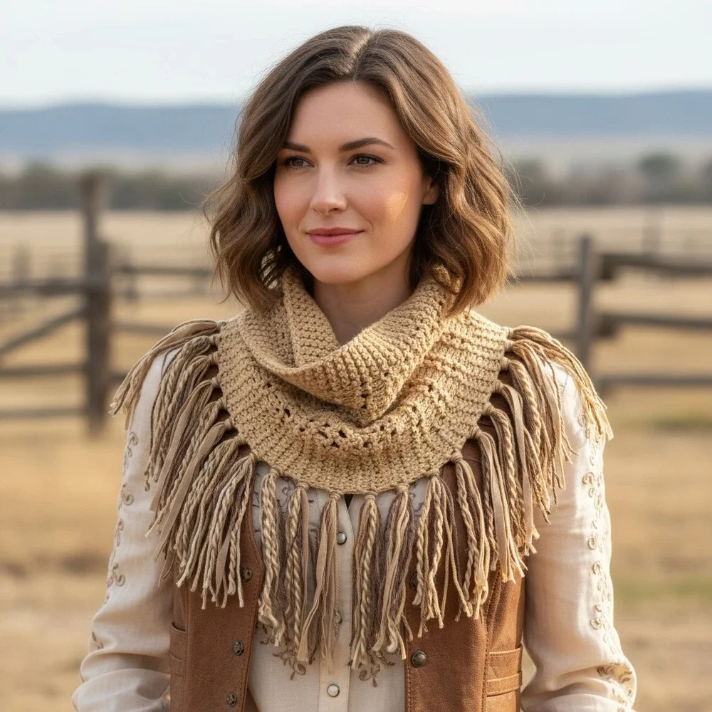 NEW Hand Knitted Tan‎ Brown Cowl Scarf Fringe Boho Indie Earthy Artsy Western